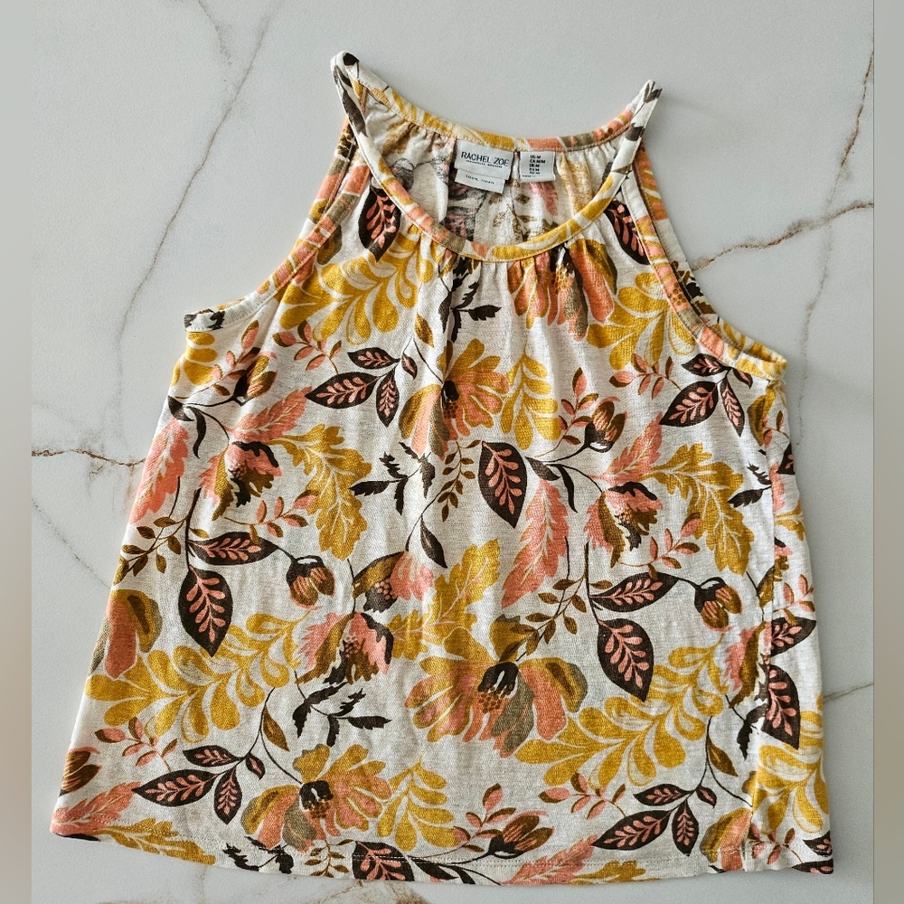Rachel Zoe Women's Size M 100% Linen Tank Top Tan Brown Orange Gold Leaf